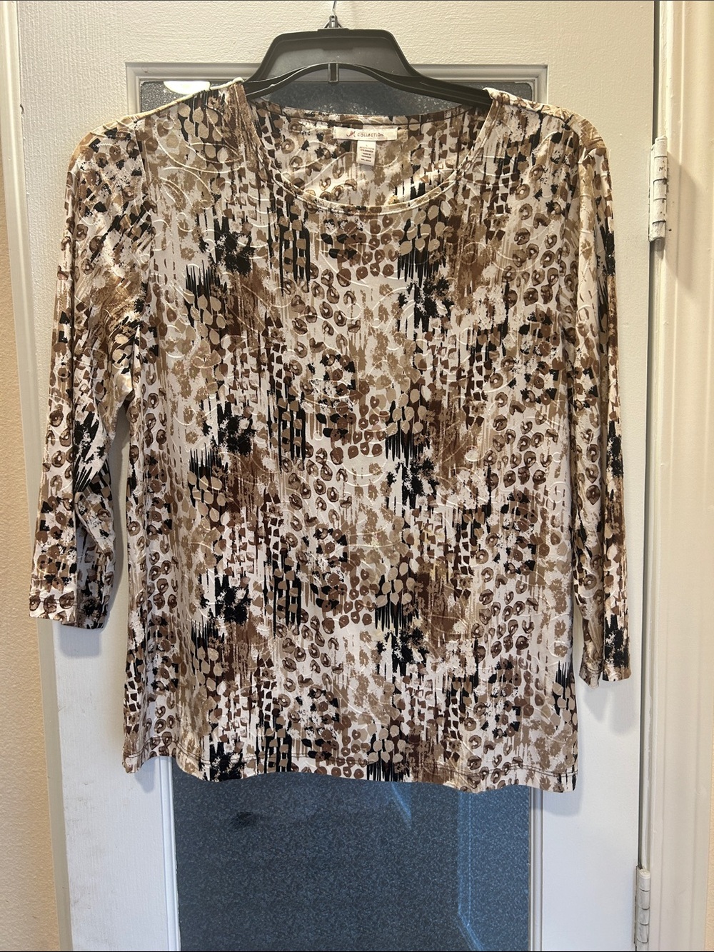 M Collection Brown and Black Printed Long-Sleeve Scoop Neck Top